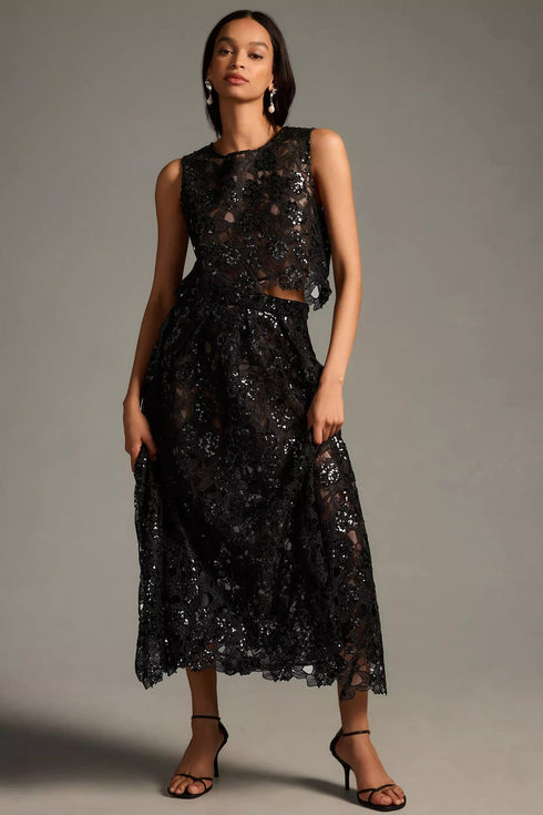 Embroidered Lace Shine Maxi Skirt